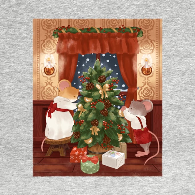 Cottagecore Mice Decorating Christmas Tree by Jieul